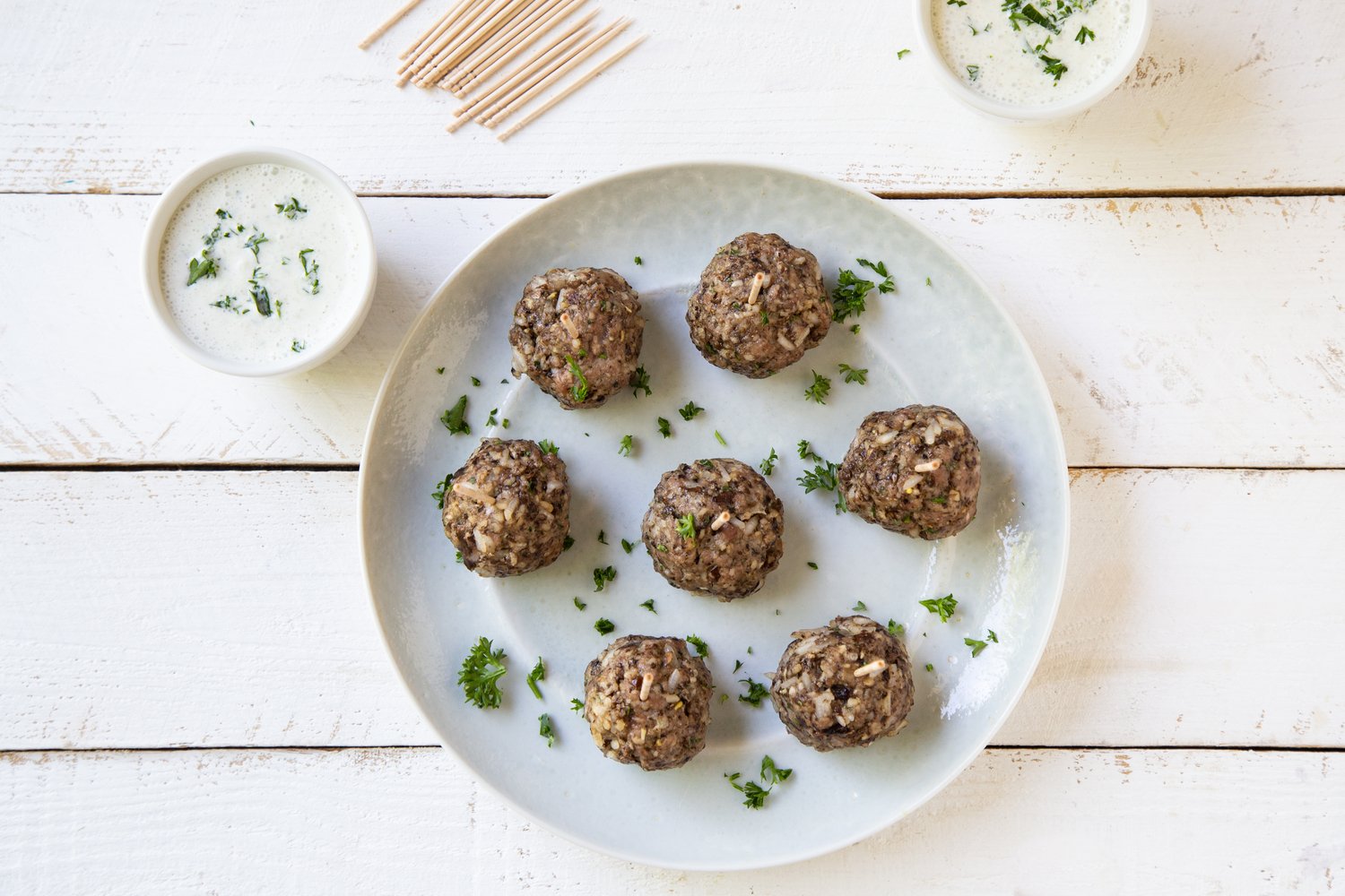 Lamb and Mushroom Blended Meatballs with Spiced Cucumber Yogurt Dipping